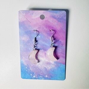 Rose quartz crescent moon stainless steel hooks dangle earrings
